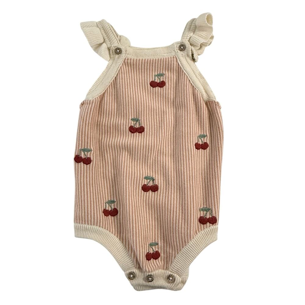 Viverano Organic Cherry Stripe Embroidered Baby Ruffle Romper 6-12 months